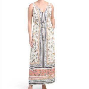 Lucky Brand Floral Boho V-Neck Tie Waist Maxi Dress